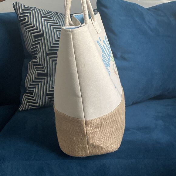 Paradise Women’s Resort Ready Woven Tote Bag Tan Blue Snap Closure Large - Picture 4 of 12